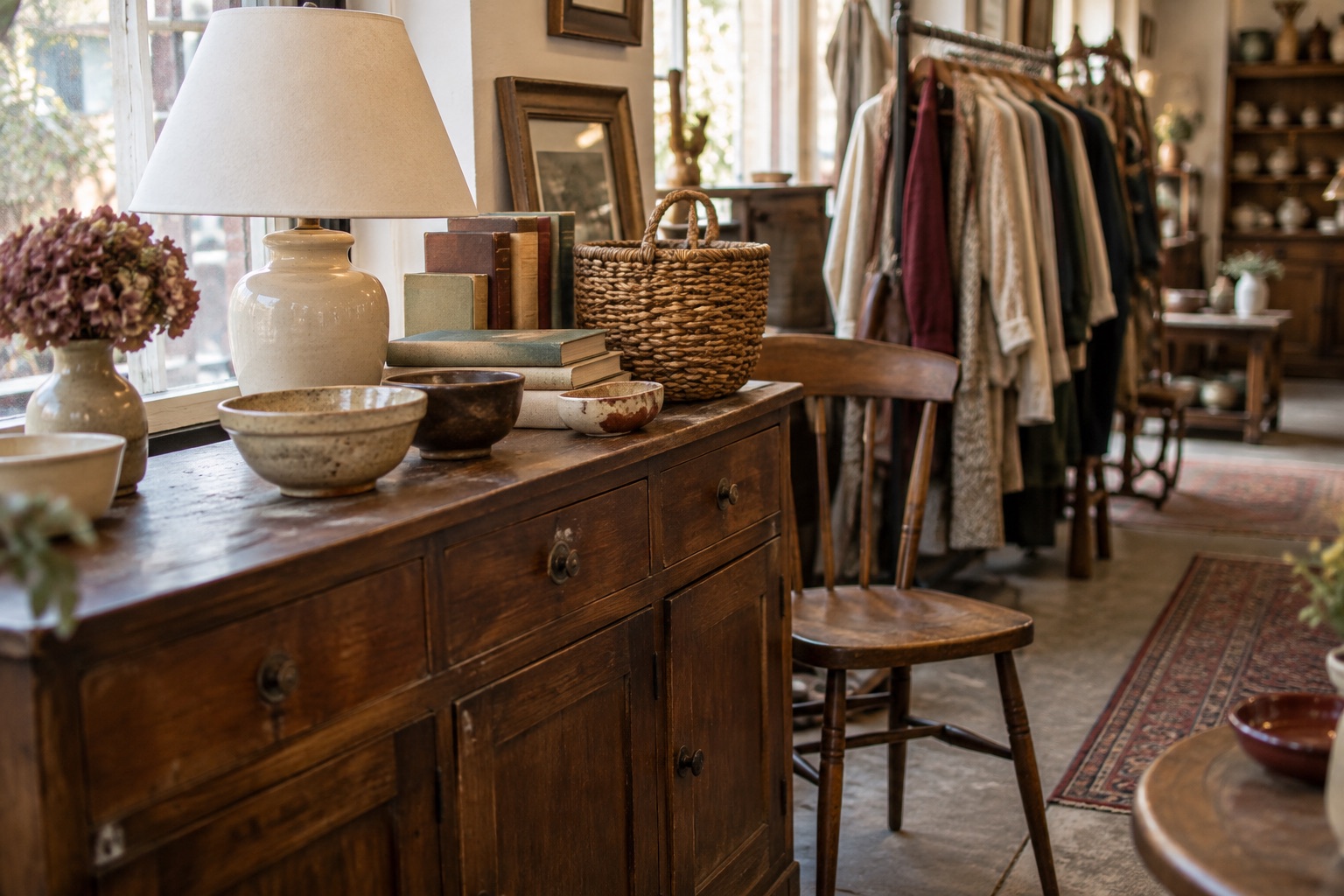 Holzkommode, Keramiklampe, Bücher und ein geflochtener Korb in einem Secondhandladen